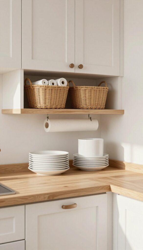 Under-shelf woven baskets in a bright kitchen, holding dish towels and parchment paper, with white plates on the shelf above.
