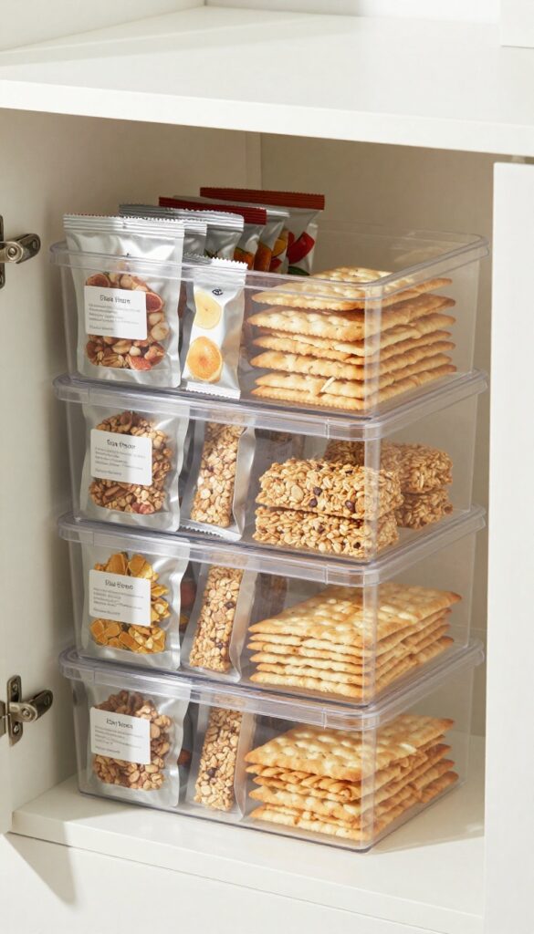 Stackable clear drawer organizers on a pantry shelf filled with snacks like granola bars, fruit pouches, and crackers, neatly sorted and upright.