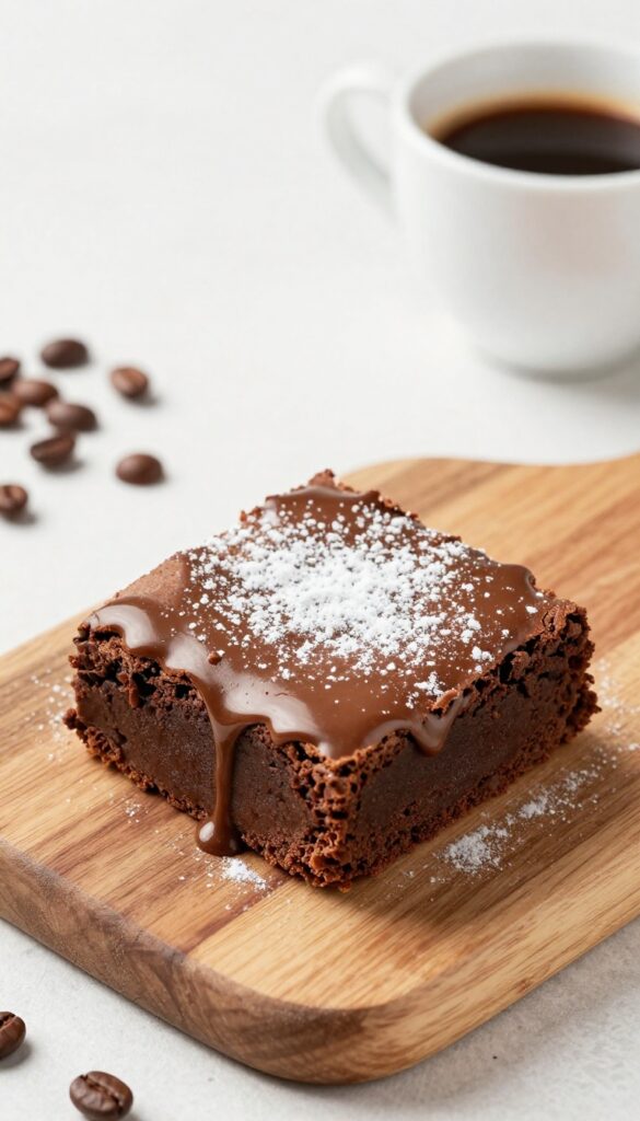 Fudgy espresso brownie with glaze and coffee beans on wooden board.