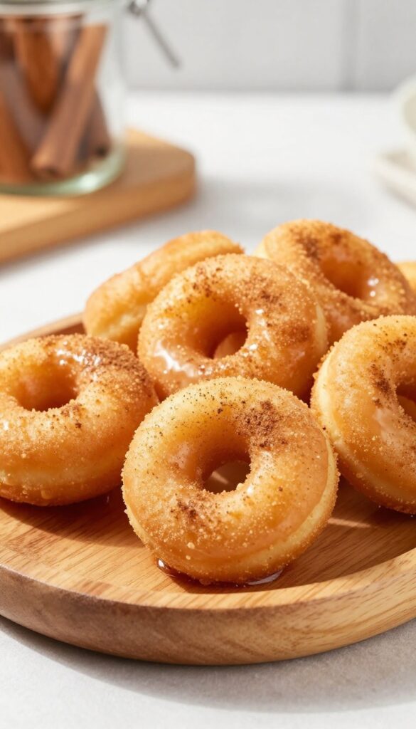 Golden keto cinnamon sugar donut holes piled on a wooden platter, coated in cinnamon-erythritol, with a warm, inviting kitchen background.