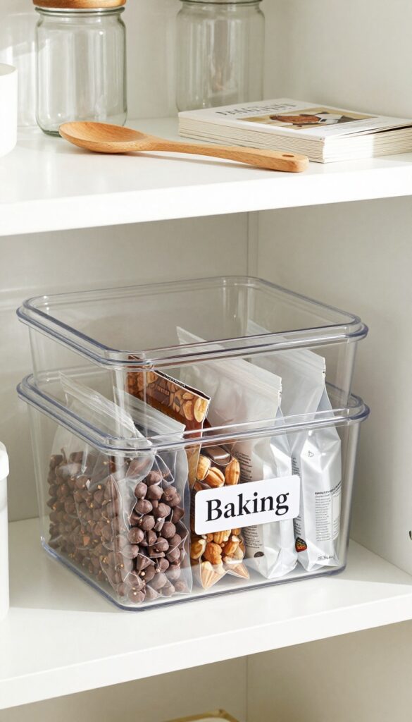Organized pantry shelf with a clear labeled bin for baking supplies, including chocolate chips, nuts, and extracts.