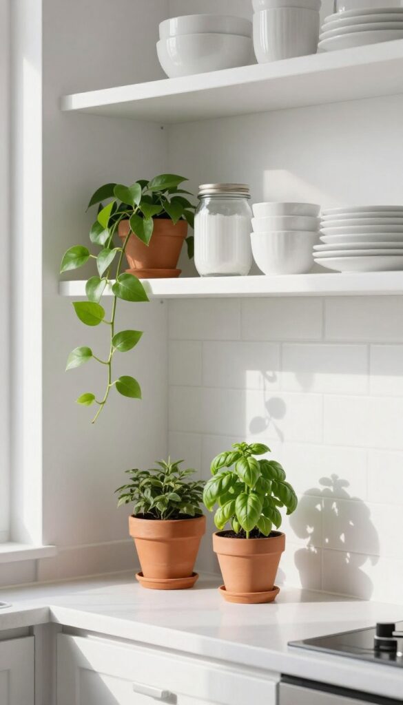Modern kitchen shelf with white dishes and two potted plants, one trailing pothos and one basil, in terracotta pots, natural light.