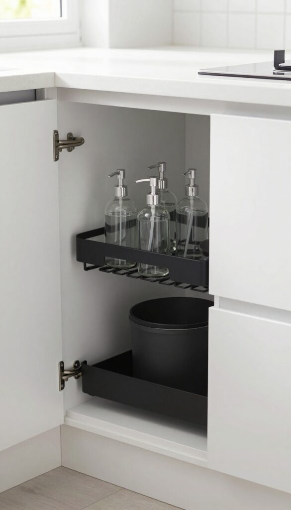 Open kitchen cabinet under sink with door-mounted rack holding glass spray bottles, organized and tidy.