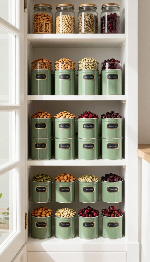 Magnetic spice tins filled with snacks attached to a pantry door in a bright, organized kitchen