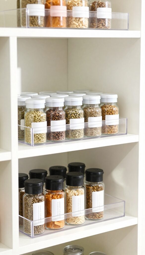 A two-tier lazy Susan on a corner pantry shelf, holding neatly labeled spice jars in natural light.