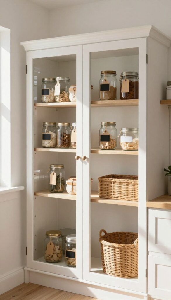 A clean, organized pantry with labeled glass jars and woven baskets on open shelves, featuring chalk labels, wooden tags, and label maker strips in natural light.