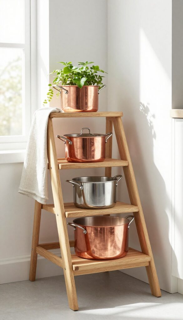 Wooden step stool shelf used for vertical storage of pots and pans in a bright kitchen corner