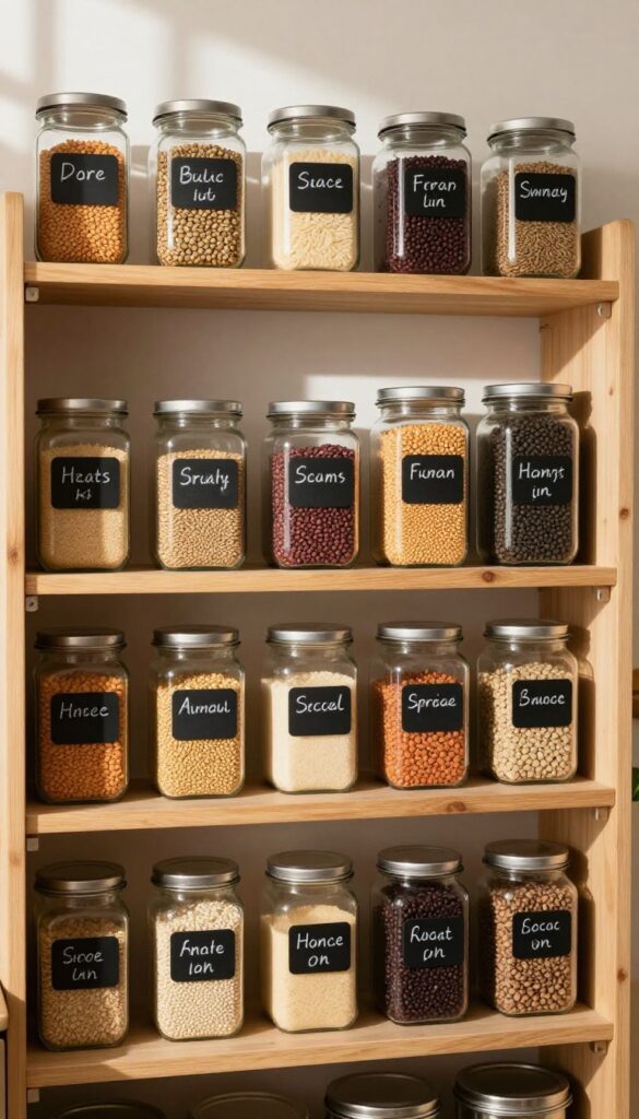 Neatly arranged glass and metal containers with chalkboard labels in a warm Indian pantry