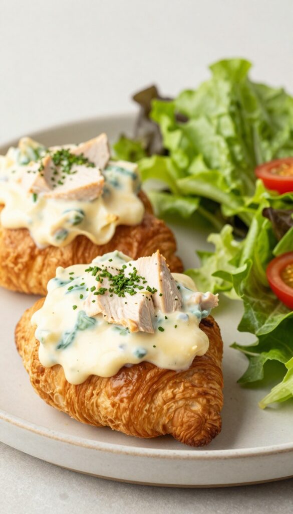 Sweet chicken salad on a croissant with side salad