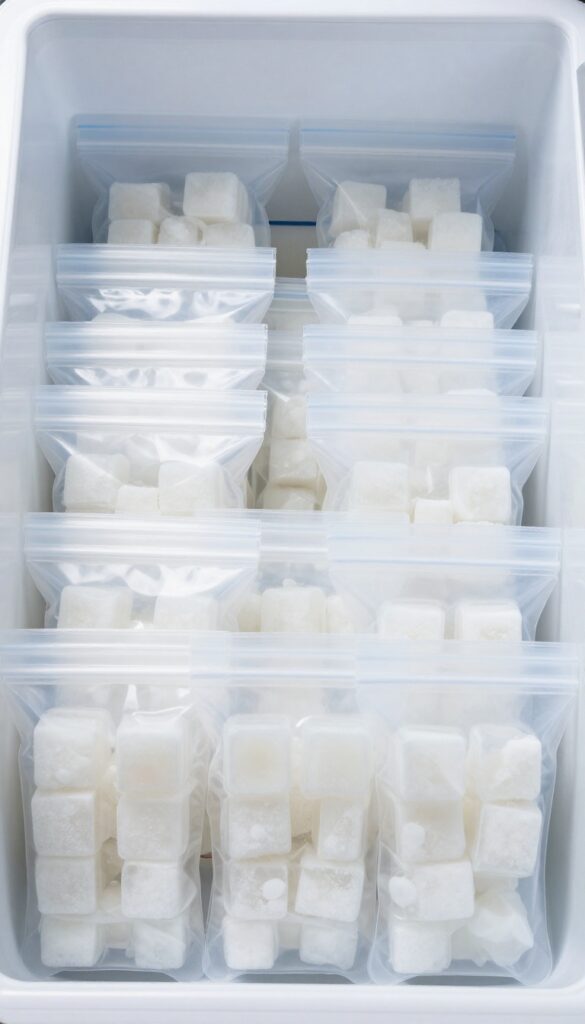 Organized freezer with ice cube trays of frozen broth and labeled zip-top bags standing upright in a bin.