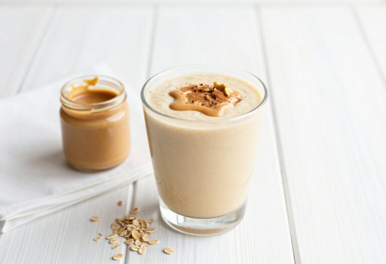 Overhead view of a creamy banana peanut butter smoothie in a glass with peanut butter drizzle and cinnamon, surrounded by a banana and peanut butter jar on a wooden table.