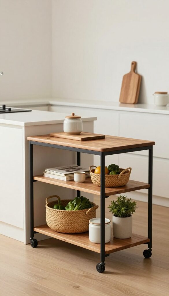 A rolling cart in a kitchen gap with storage baskets and a plant