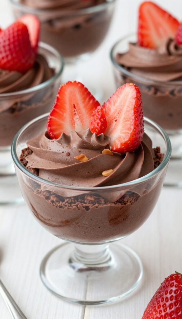 Chocolate strawberry shortcake cup with chocolate whipped cream and fresh strawberries