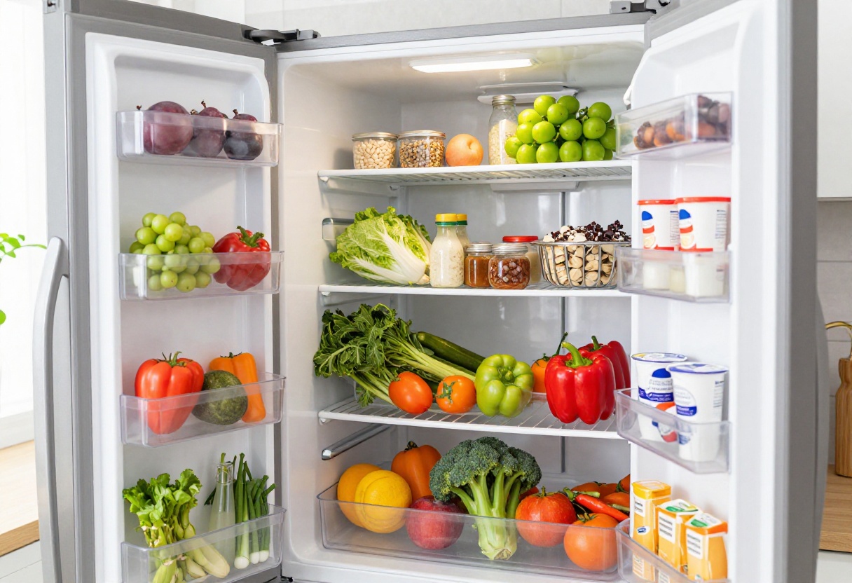 Open refrigerator with organized shelves using clear bins, a lazy Susan, and baskets, filled with fresh vegetables and condiments.