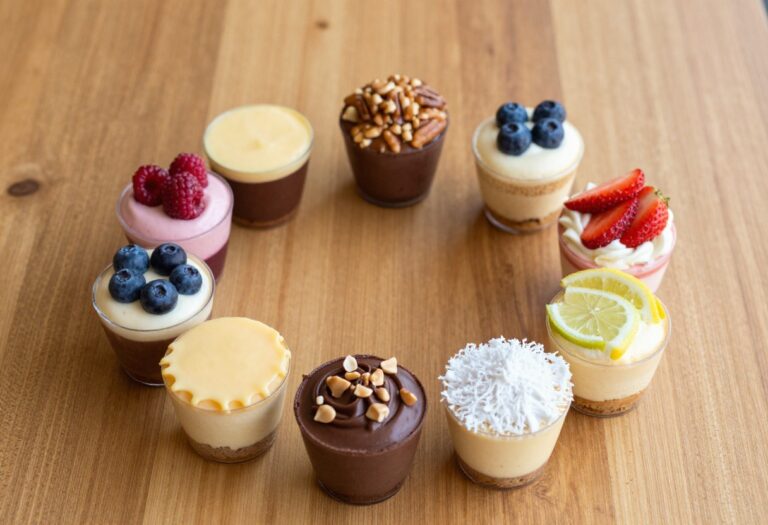 Seven keto mini cheesecake dessert cups in various flavors arranged on a wooden table