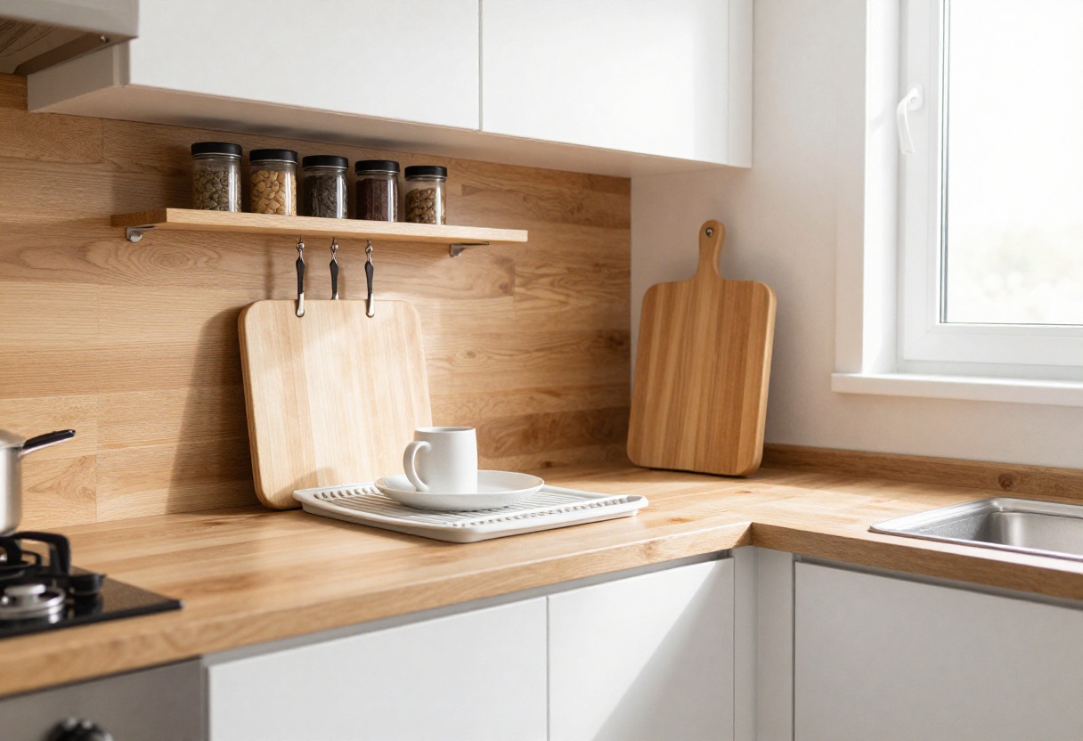 Bright RV kitchen with organized counter, magnetic spice jars on range hood, and tension rod holding cutting boards in open cabinet.