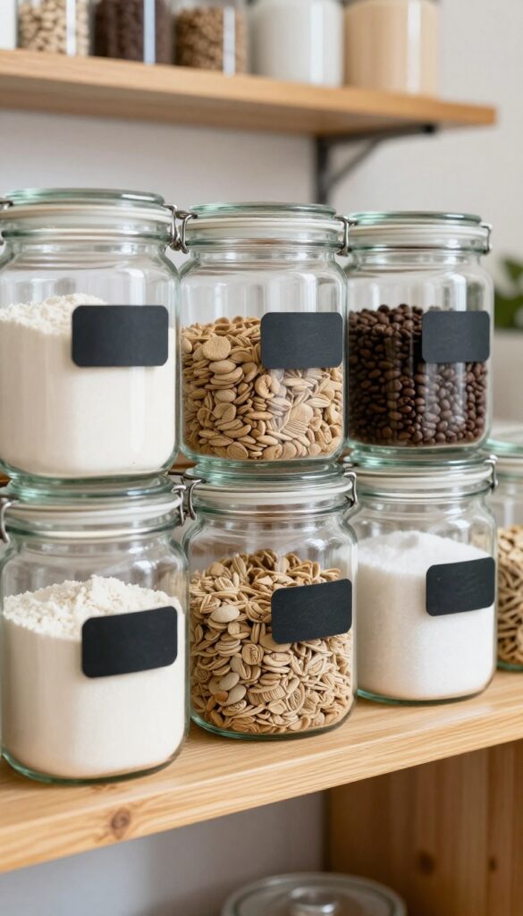 Clear canisters with flour, sugar, coffee, and tea on a lower pantry shelf
