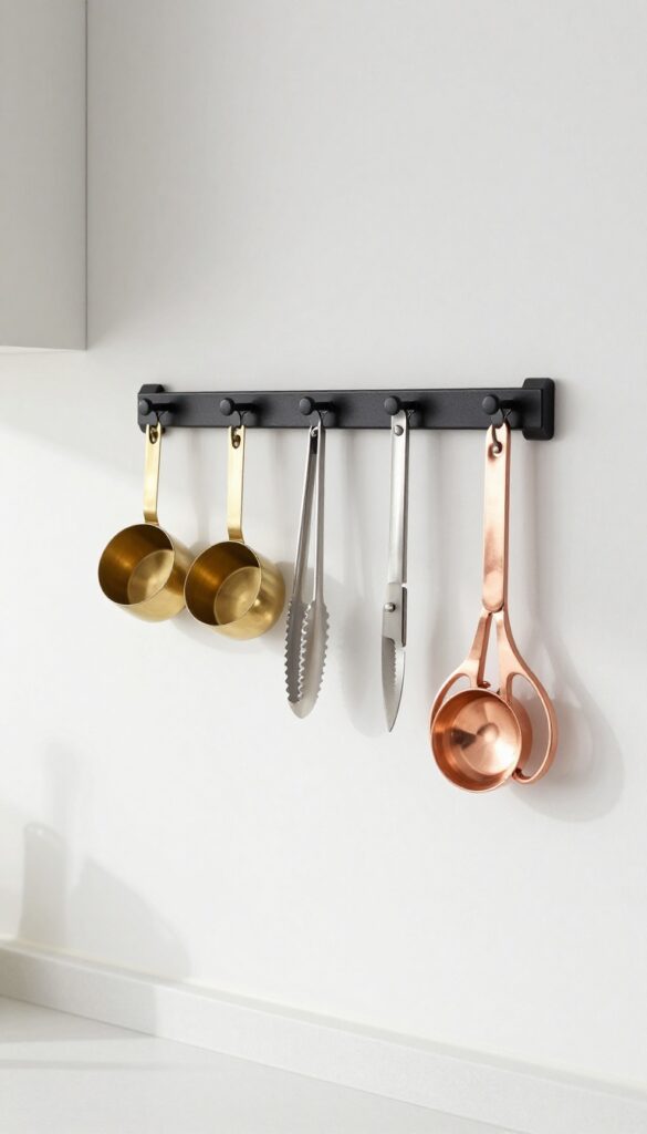 Magnetic strip on kitchen wall holding metal utensils like measuring cups and tongs, organized and accessible.