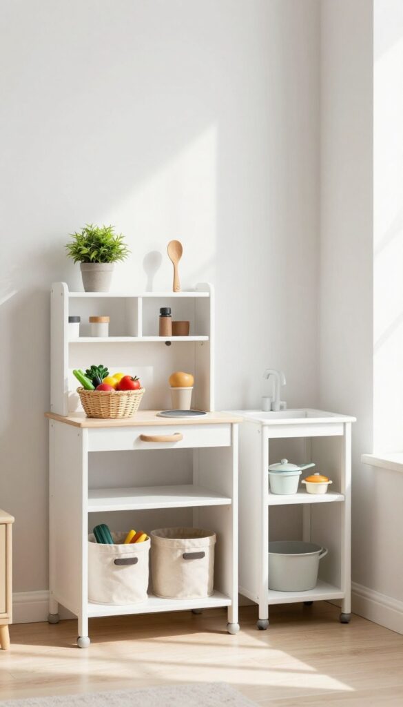Slim white rolling cart beside a play kitchen, filled with toy food and baskets in a bright playroom.