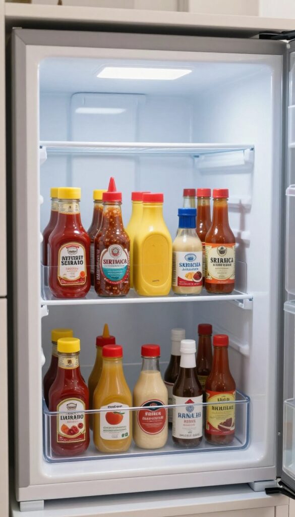 Mini fridge interior with a clear lazy Susan holding organized condiment bottles.