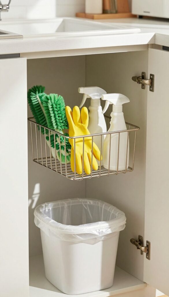 Over-the-door rack under kitchen sink holding scrub brushes, gloves, and spray bottles