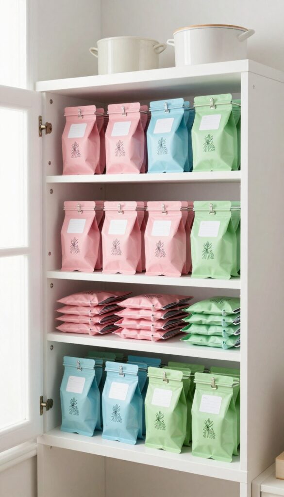 Colorful chip clips with labeled tabs on snack bags on a pantry shelf