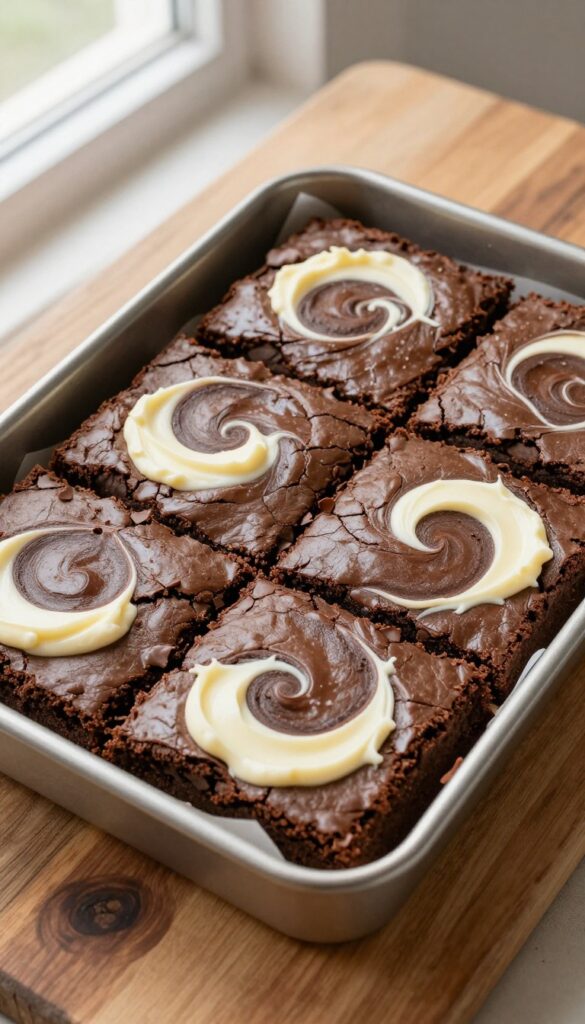 Keto cream cheese swirl brownies in a baking pan
