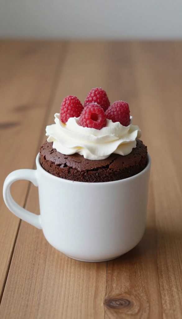 Classic fudgy keto chocolate mug cake in a white mug with whipped cream and raspberries on a wooden table.