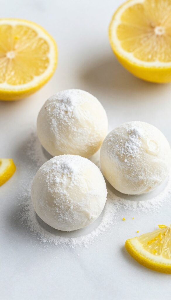 Three white lemon cream truffles on marble with lemon slices and zest.