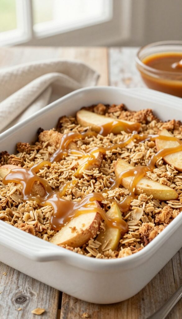 Gluten-free caramel apple crisp with dairy-free caramel drizzle in a white dish on a wooden table
