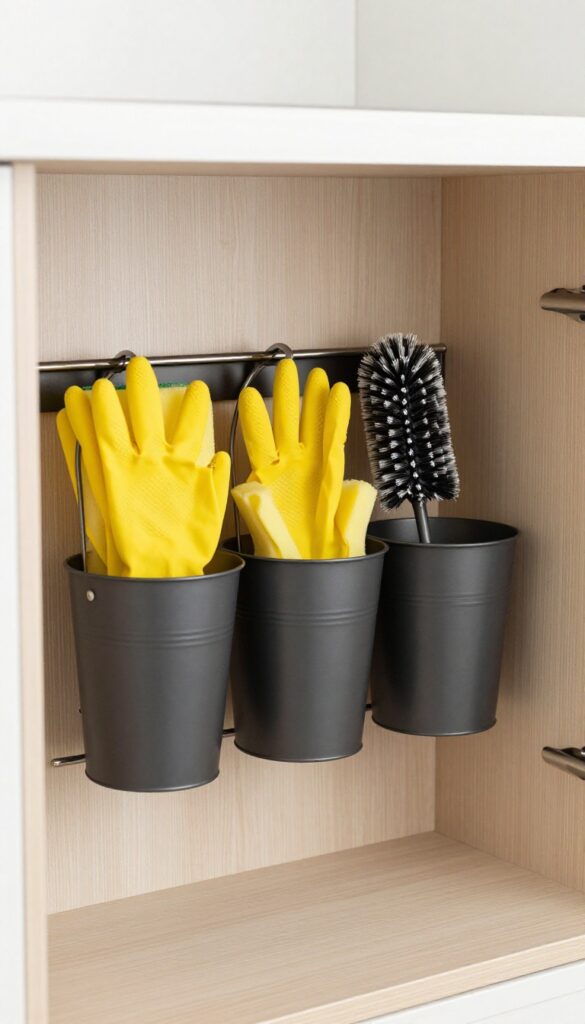 Under sink cabinet with hanging metal buckets holding sponges, gloves, and scrub brushes on a rail system.