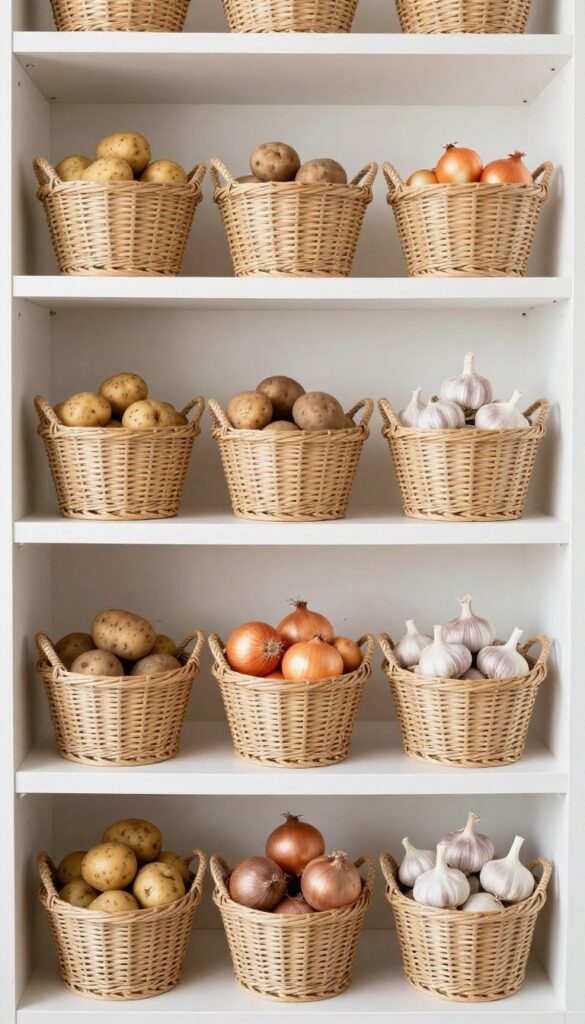Woven baskets on pantry shelves holding potatoes, onions, and garlic in natural light.