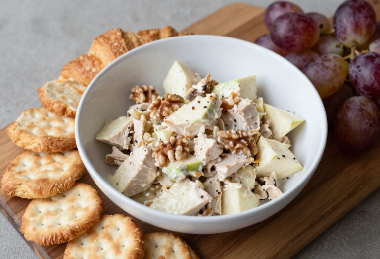 Chicken Waldorf Salad in a white bowl on a wooden board with croissants and crackers.