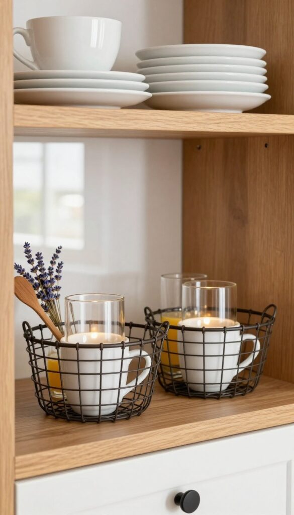 Under-shelf wire baskets holding small white cups and espresso cups with dried lavender tucked behind, illuminated by warm under-cabinet lights.