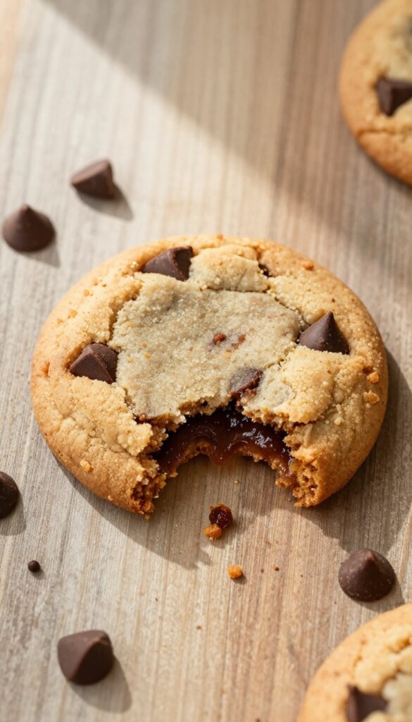 Gluten-free chocolate chip cookie with crispy edges and soft center on wooden table