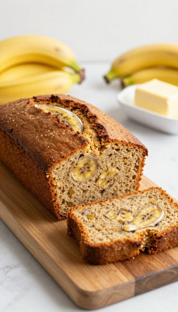Gluten-free banana bread with buttery golden crust on wooden board