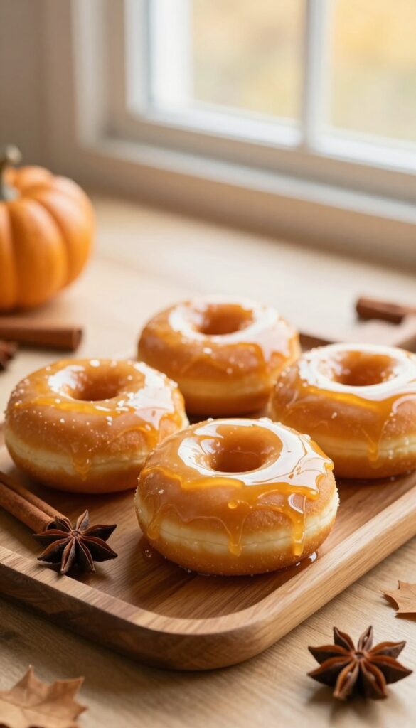 Pumpkin spice donuts with maple glaze on a rustic board