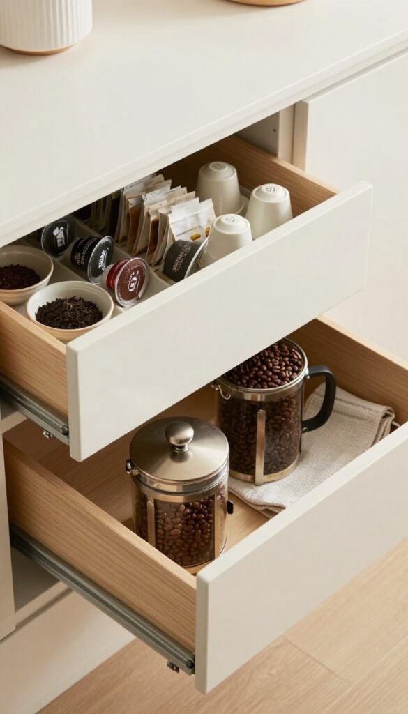 Drawer-within-a-drawer for tea and coffee storage in a pantry