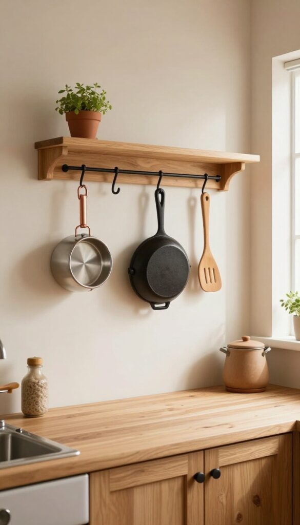 Pegboard pot rack above sink with hanging cookware and herb pot in warm, cozy kitchen