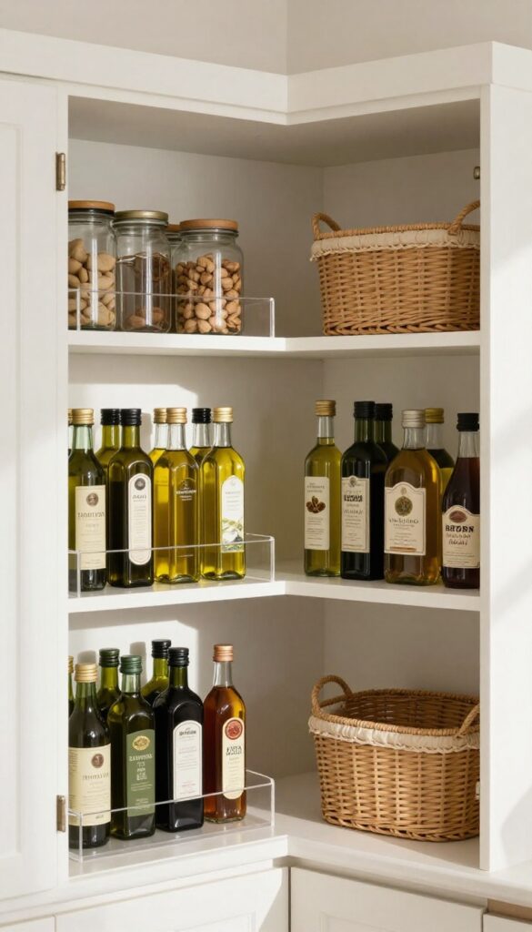 Open corner pantry cabinet with a clear lazy Susan holding bottles and jars, organized and bathed in natural light.