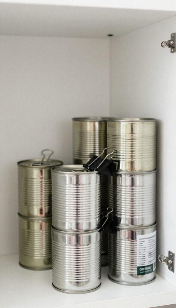 Stacked canned goods secured with binder clips on a narrow pantry shelf.