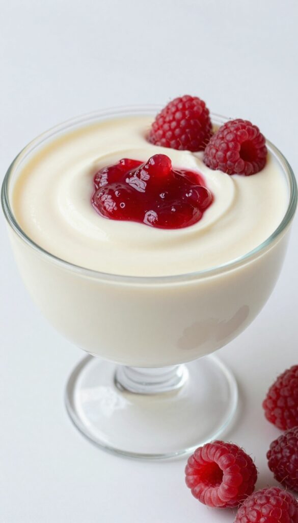 White chocolate and raspberry mousse in a glass cup with raspberry swirl
