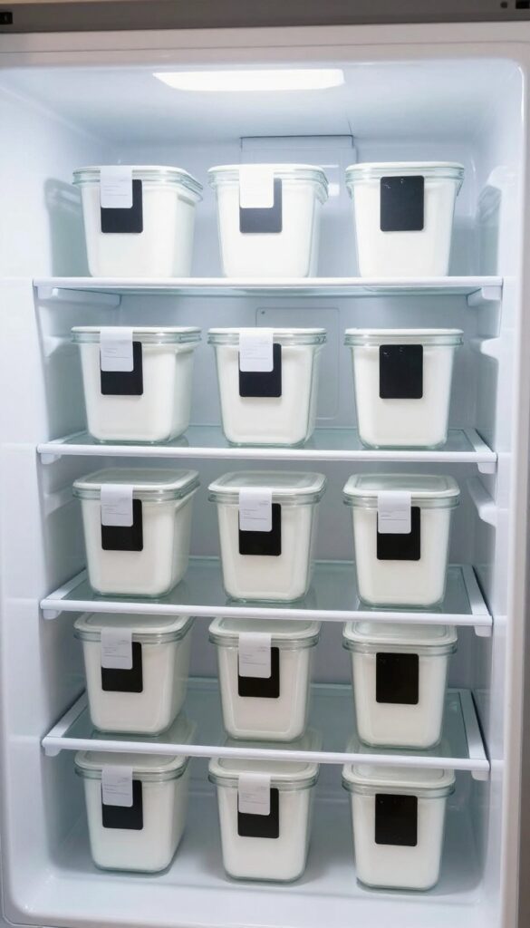 Organized fridge with labeled clear glass containers and white plastic containers, chalk labels and label maker tapes for dates, bright natural light, clean minimalist composition.