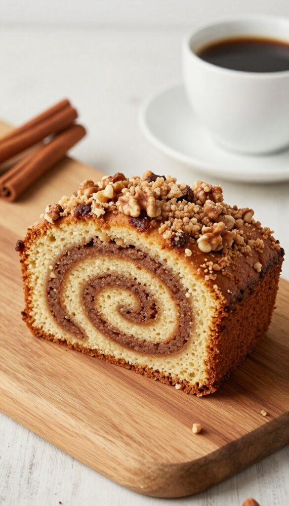 Vegan cinnamon coffee cake with streusel and walnut topping on a wooden table