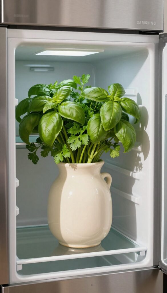Fresh herbs in a small ceramic crock on a refrigerator shelf, adding a cozy, living accent to the stainless steel interior.