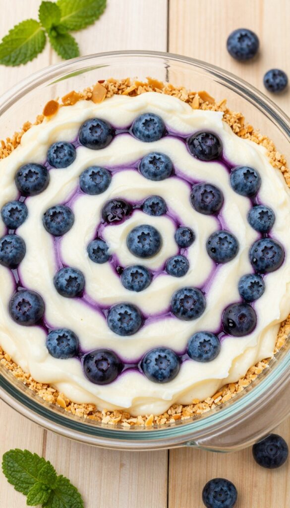 No-bake blueberry cheesecake bars in a glass dish with a blueberry swirl, on a wooden surface with fresh blueberries and mint.