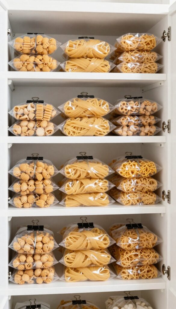 Pantry shelf with bags sealed by binder clips clipped to the shelf edge, tidy and organized.