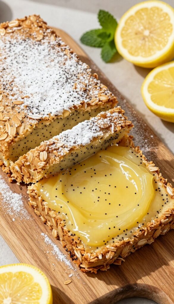 Lemon poppy seed bar with oat crust on wooden board, dusted with powdered sugar, surrounded by lemon slices and mint