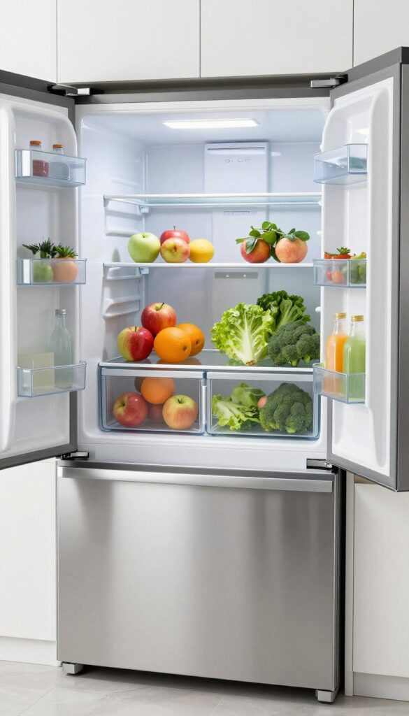 Open French door fridge with clear bins organizing fruits and vegetables in separate crisper drawers, bright natural light, modern kitchen.