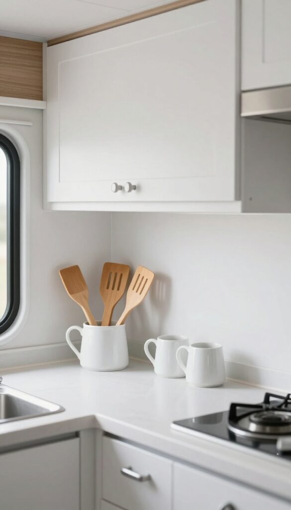 RV kitchen with over-the-cabinet hooks displaying white mugs and wooden utensils, bright natural light, clean composition